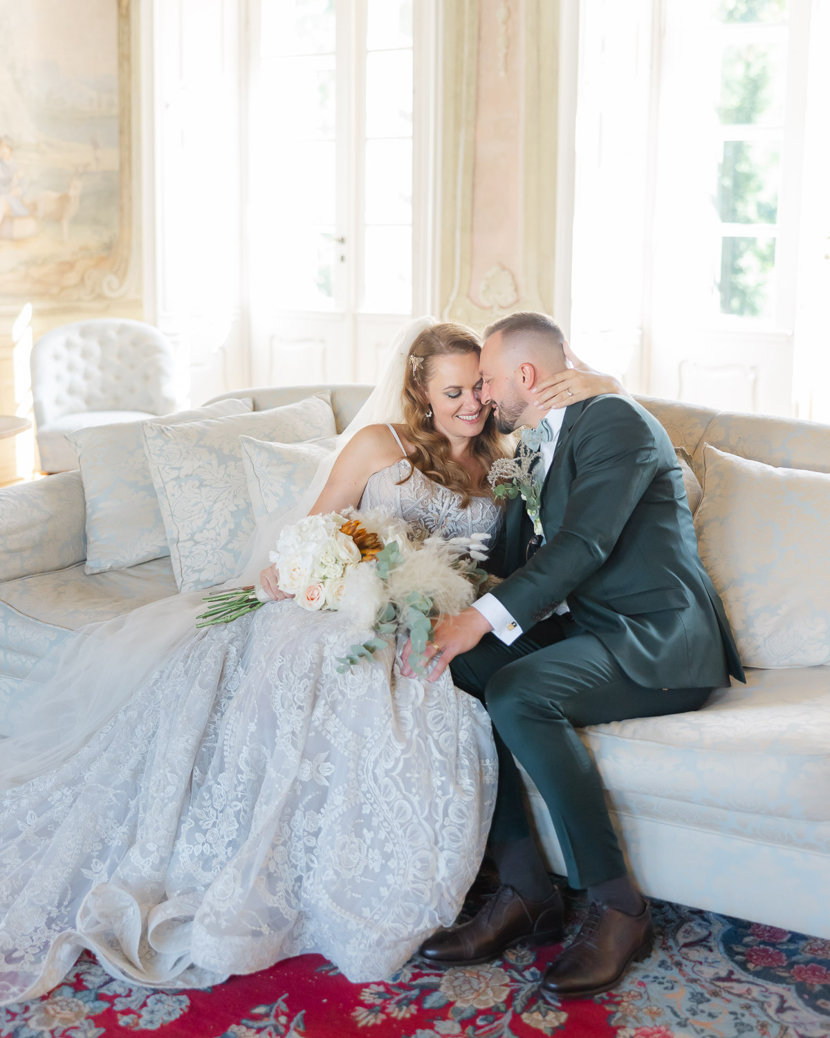 Bride and groom inside Bon Repos château