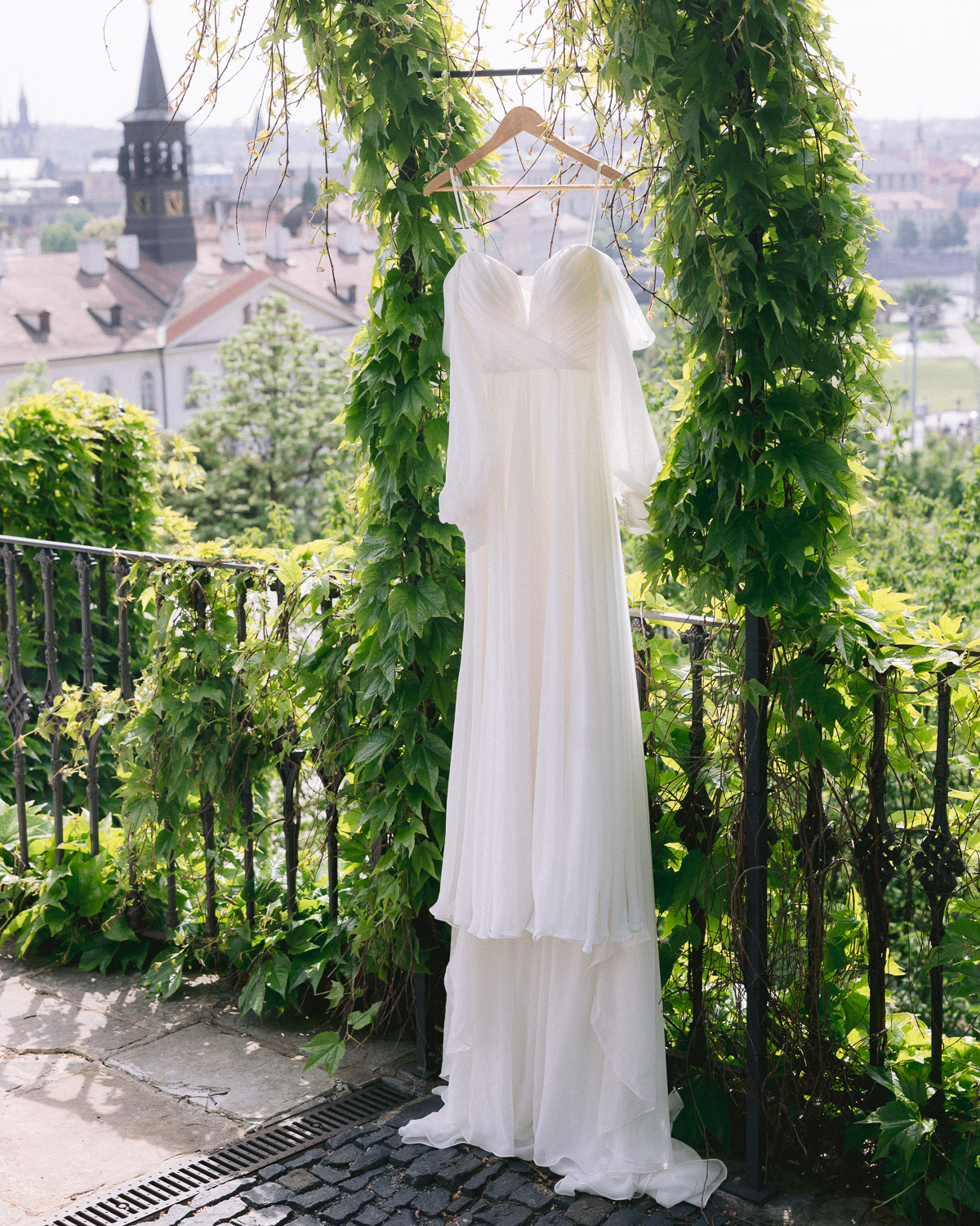 Wedding dress hanging on the vines at Villa Richter