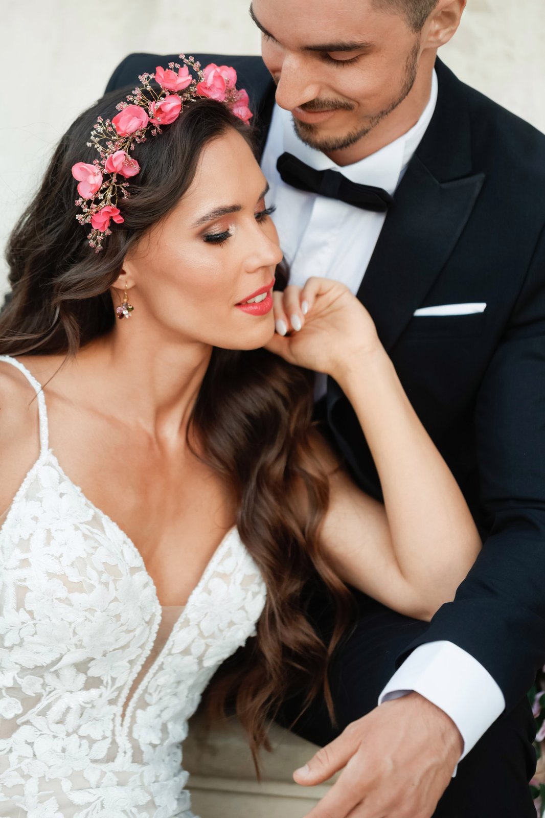 Bride-flower-crown-groom-portrait Bride with a flower crown and her groom