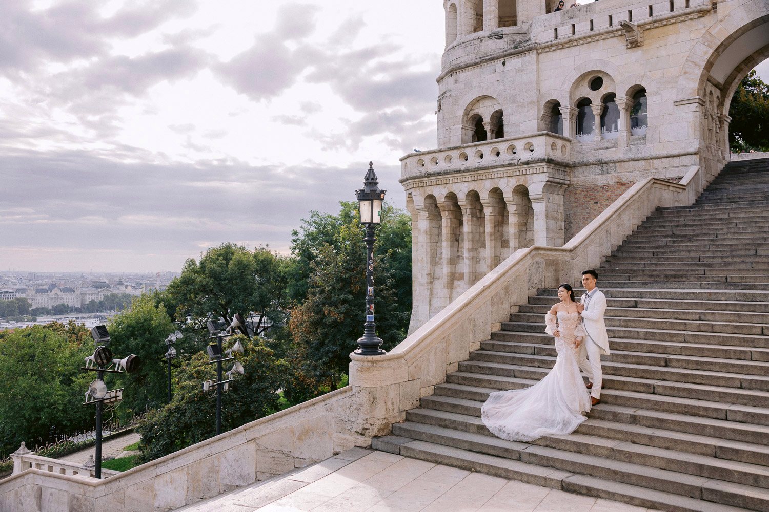 Couple at Fisherman's Bastion overlooking Budapest