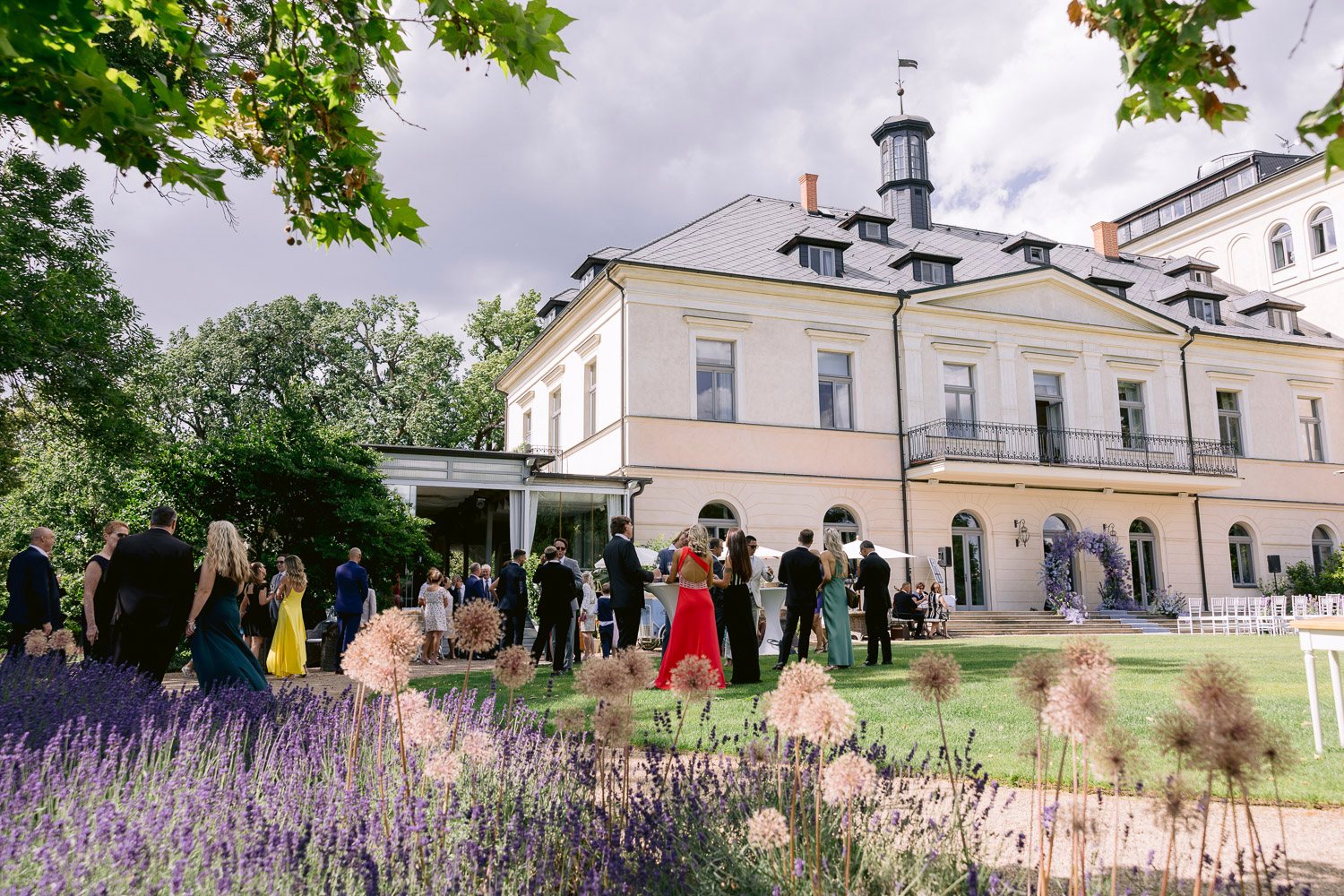 Chateau Mcely Wedding Guests Lawn Cocktail Wedding guests on the lawn among the lavender in front of Château Mcely