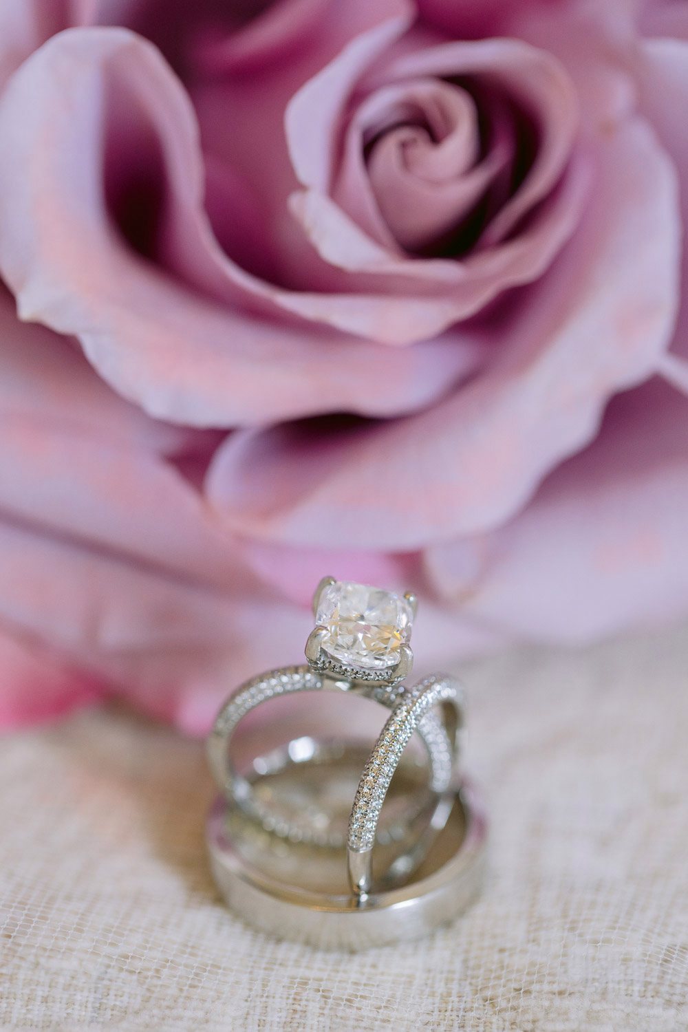 Chateau Mcely Wedding Ring Lilac Rose Wedding rings on a lilac rose