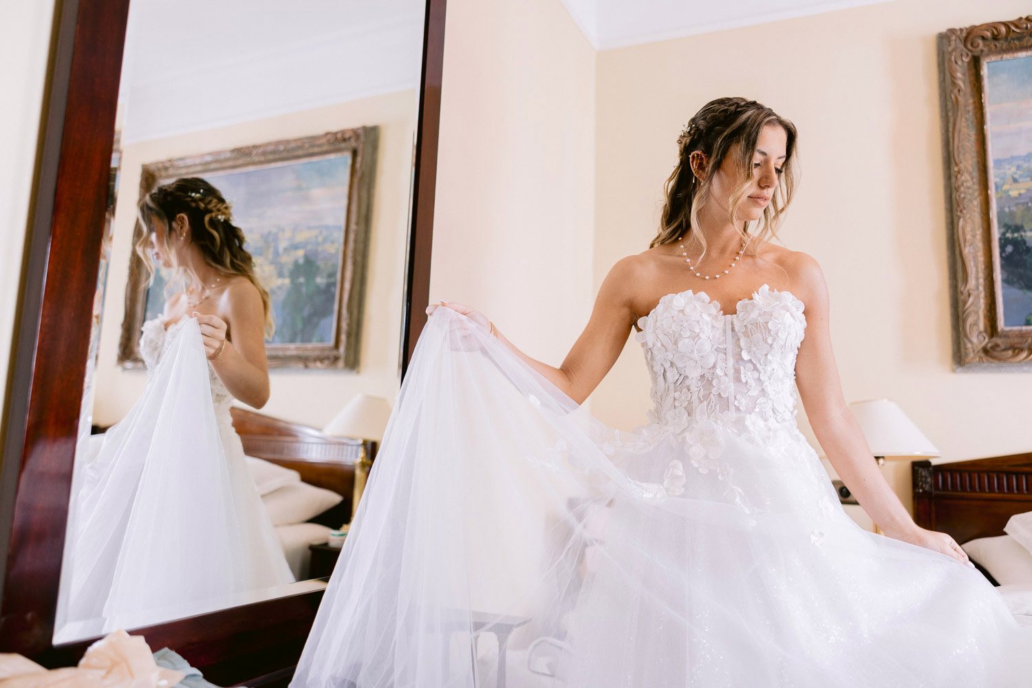 Lobkowicz Palace Elopement Bride Getting Ready Mirror Bride in her gown by the mirror on the wedding morning