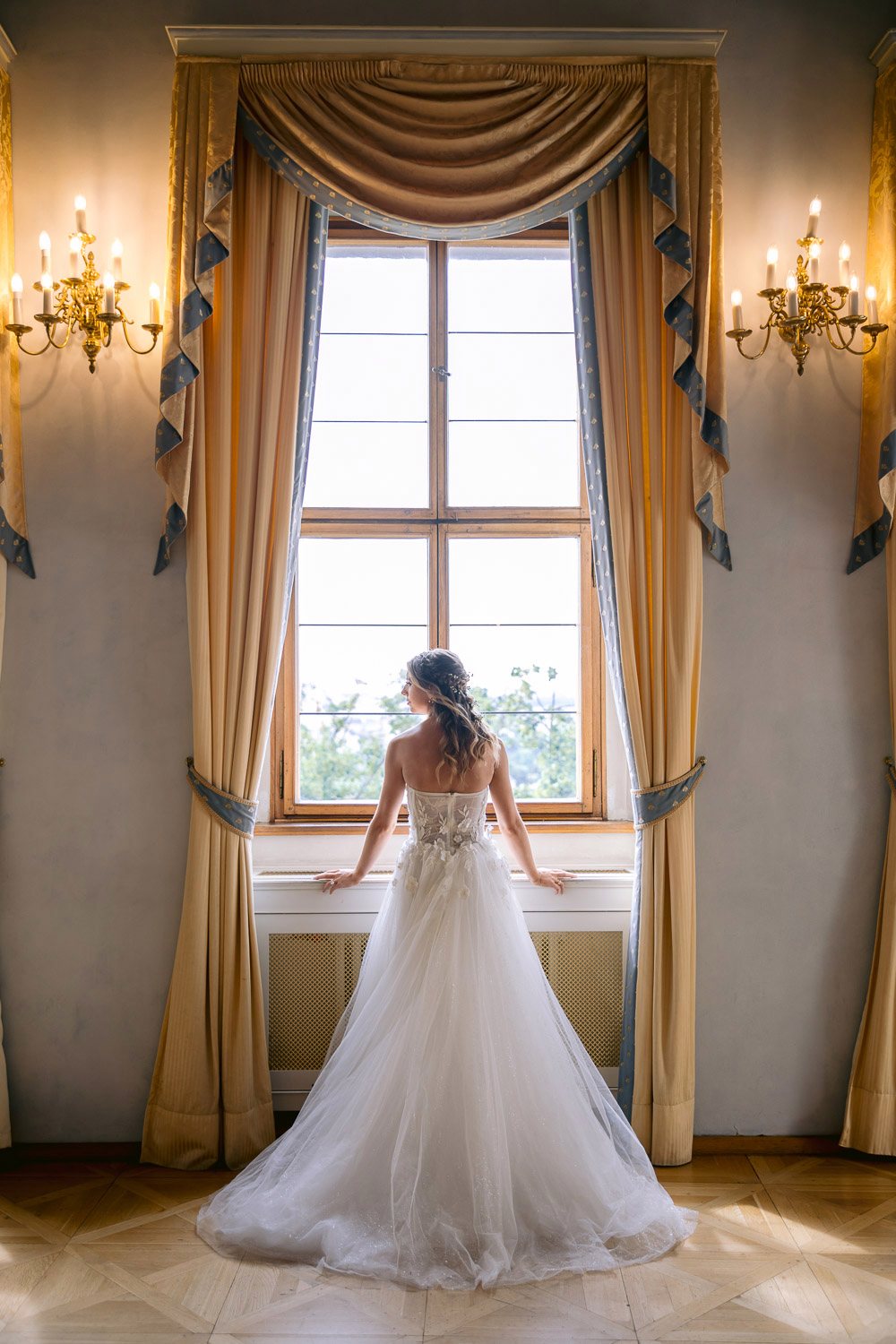 Lobkowicz Palace Elopement Bride Palace Window Bride at a tall window in Lobkowicz Palace