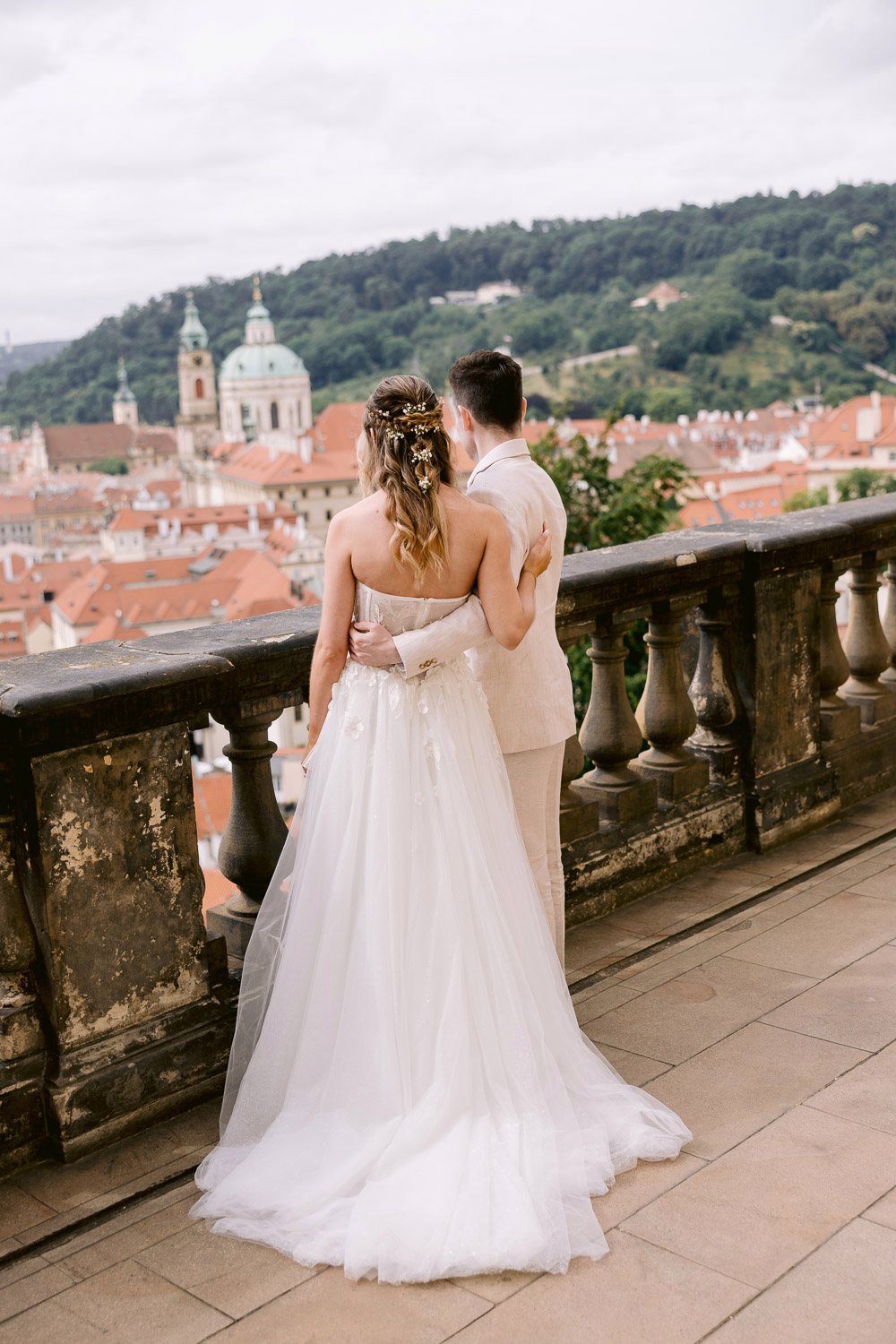 Lobkowicz Palace Elopement Ceremony Terrace Prague View Couple at the terrace balustrade above Prague