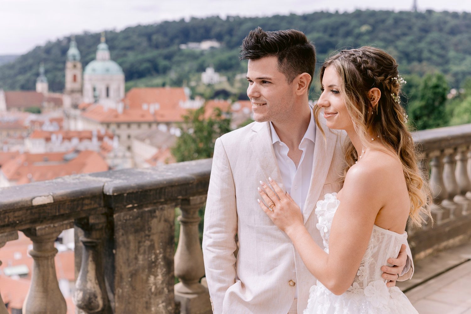 Lobkowicz Palace Elopement Couple Laughing Terrace Couple laughing together on the terrace above Prague