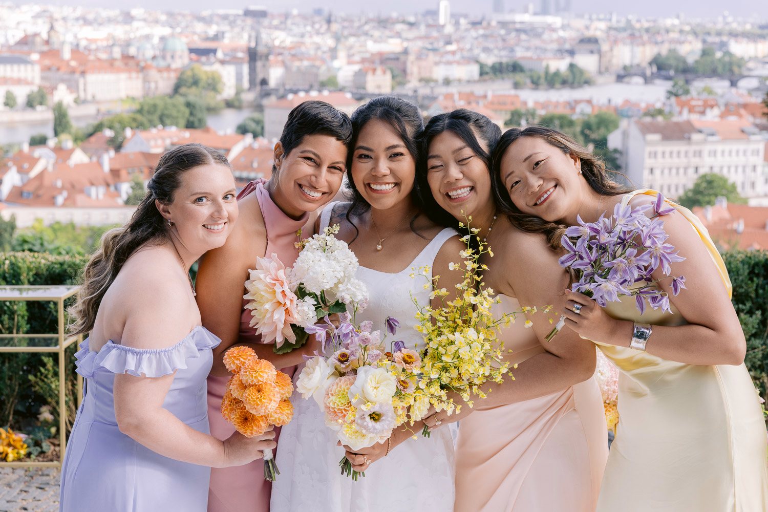 Villa Richter Bridesmaids Group Prague View Bride and bridesmaids with their bouquets above Prague