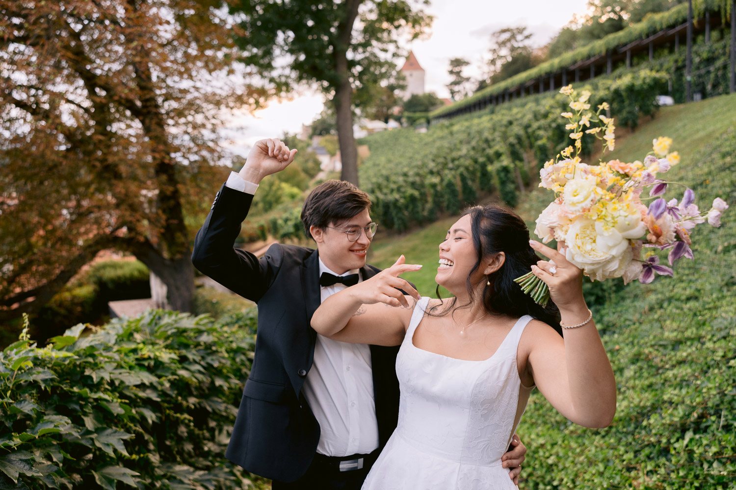 Villa Richter Couple Laughing Vineyard Bride and groom laughing in the vineyard