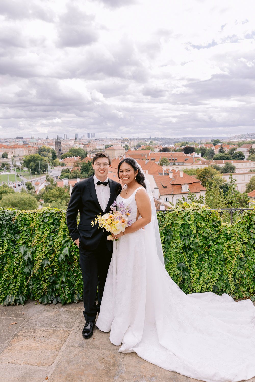 Villa Richter Couple Terrace Prague Skyline Bride and groom on the terrace with the Prague skyline