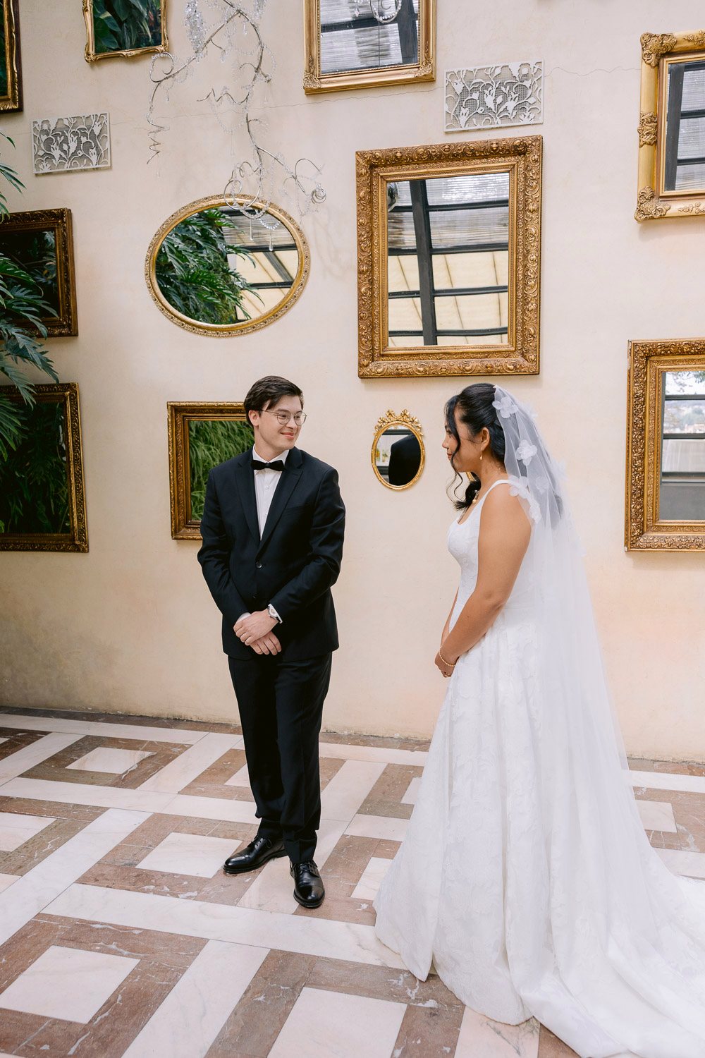 Villa Richter First Look Garden Hall Groom turning to see his bride for the first time in the garden hall