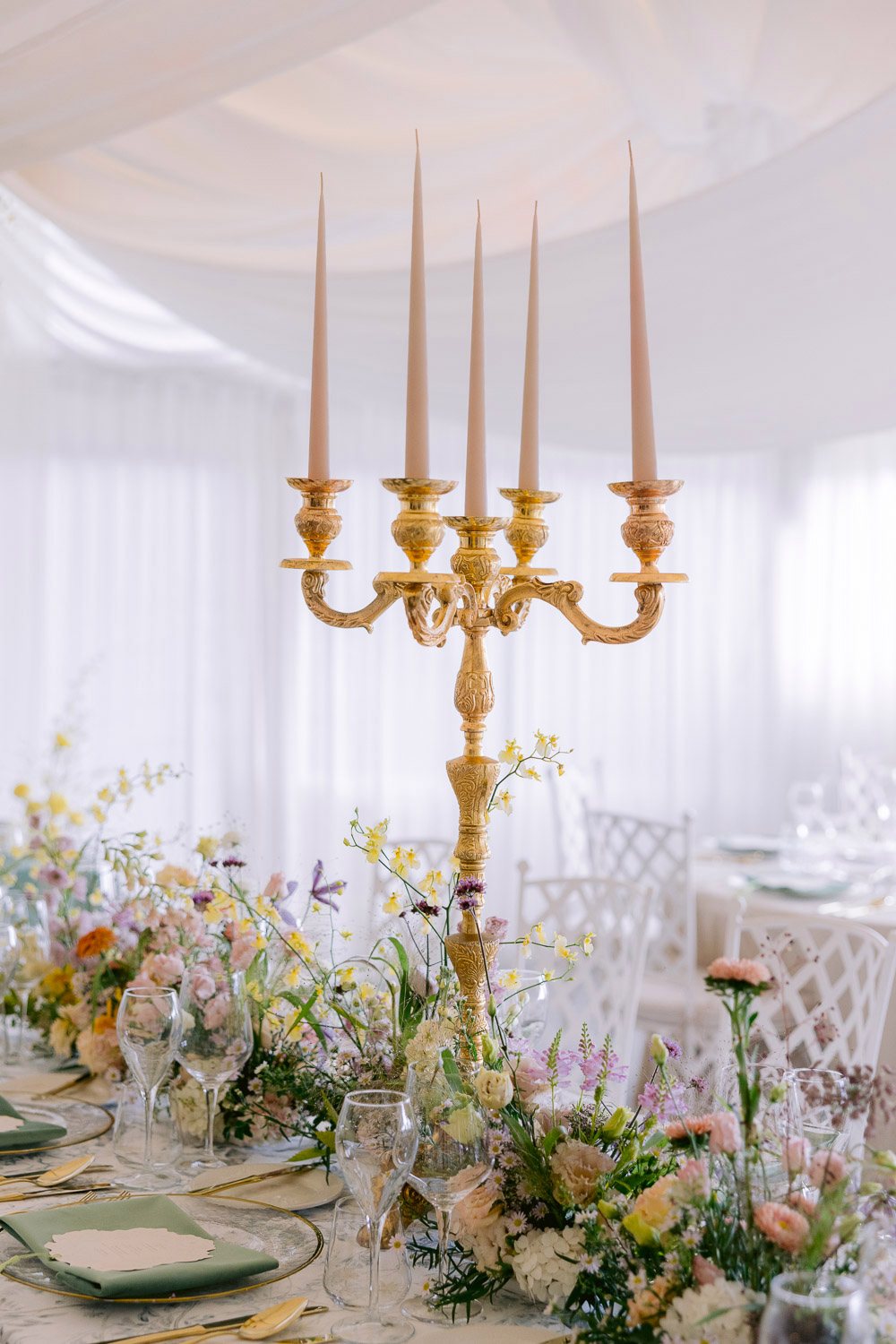 Villa Richter Gold Candelabra Table Gold candelabra on the wedding table